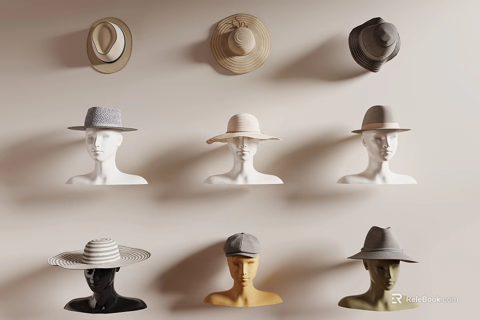 Different Varieties of Hats Showcased on Mannequins Against Light Wall 3d model 