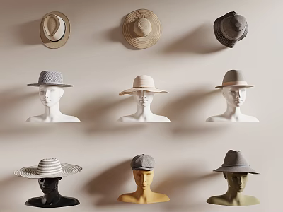 Different Varieties of Hats Showcased on Mannequins Against Light Wall 3d model