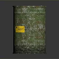 Green Rusty Metal Drum With Yellow Hazardous Waste Label On Dark Surface