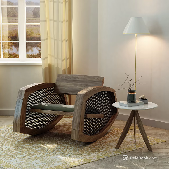 Wooden Frame Leisure Chair With Mesh Seat Side Table Decorative Vase And Soft Lighting 3d model 