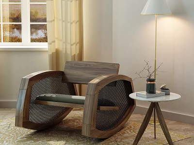 Wooden Frame Leisure Chair With Mesh Seat Side Table Decorative Vase And Soft Lighting 3d model