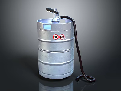Silver Metal Keg With Tap Handle Black Hose And Red Safety Labels 3d model