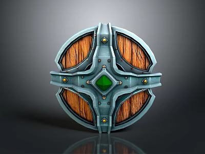 Cartoon Scene Shield With Metallic Frame Wooden Panels And Central Green Gem 3d model