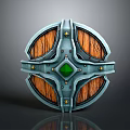 Cartoon Scene Shield With Metallic Frame Wooden Panels And Central Green Gem