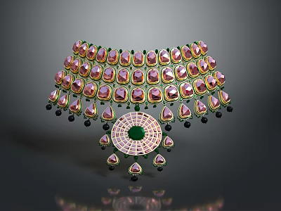 Elegant Jewelry Necklace With Pink Gemstones Green Borders Circular Center Design And Dangling Elements 3d model
