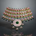 Elegant Jewelry Necklace With Pink Gemstones Green Borders Circular Center Design And Dangling Elements