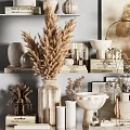 Natural Minimalist Decorative Ornament Combinations With Dried Flowers Vases And Books On Shelves