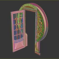 Pink Decorative Swing Door With Circular Frame And Intricate Carved Patterns 3d model