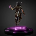 Game Character Holding Sword with Purple Magic in Leather Armor on Glowing Base