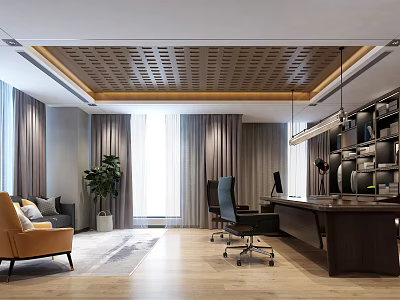 Modern Office Interior Design With Sofa Plant Desk Chair Bookshelf And Wooden Floor 3d model