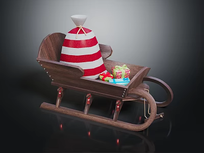 Wooden Christmas Sleigh With Red White Striped Bag And Colorful Gifts 3d model