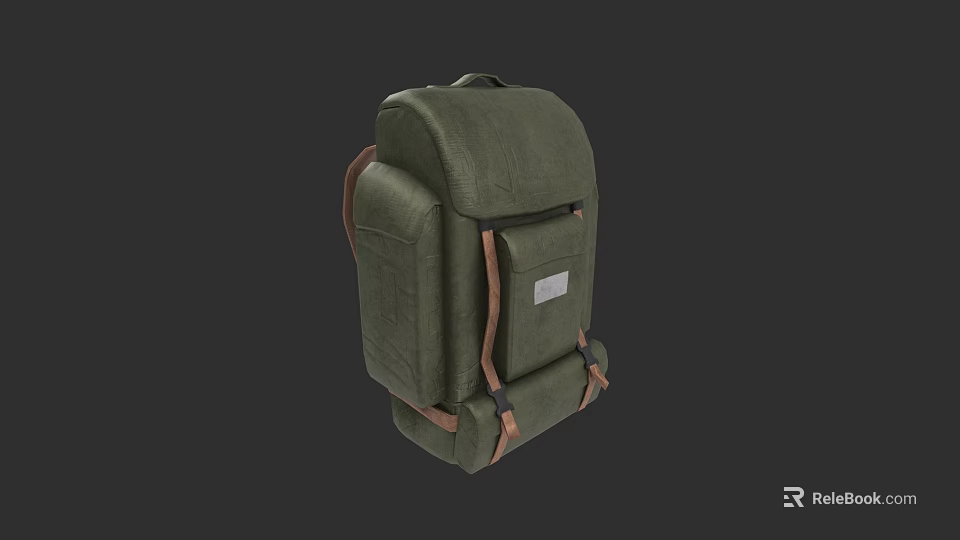Green Canvas Backpack With Brown Straps And Practical Front Pocket Design 3d model