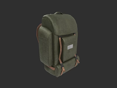 Green Canvas Backpack With Brown Straps And Practical Front Pocket Design 3d model