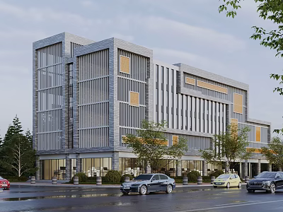 Modern Office Building With Glass Curtain Wall Gray Yellow Facade And Street View Trees Cars 3d model