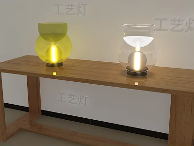 Decorative Ornament Set with Craft Lamps Yellow and Transparent Lit on Wooden Table 3d model
