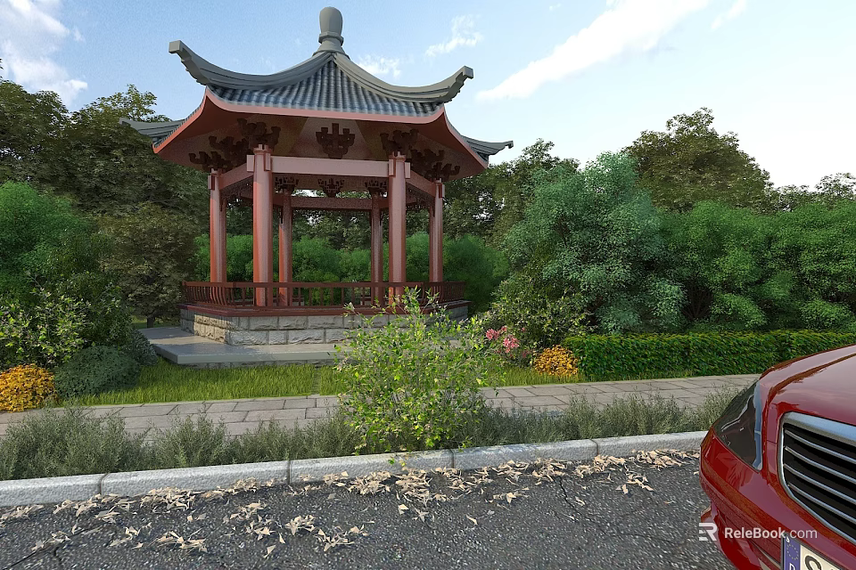 Ancient Chinese Pavilion in Serene Garden Surrounded by Lush Greenery and Stone Pathway 3d model 