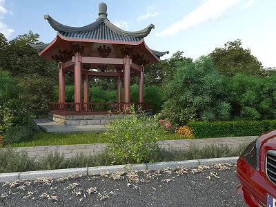 Ancient Chinese Pavilion in Serene Garden Surrounded by Lush Greenery and Stone Pathway 3d model