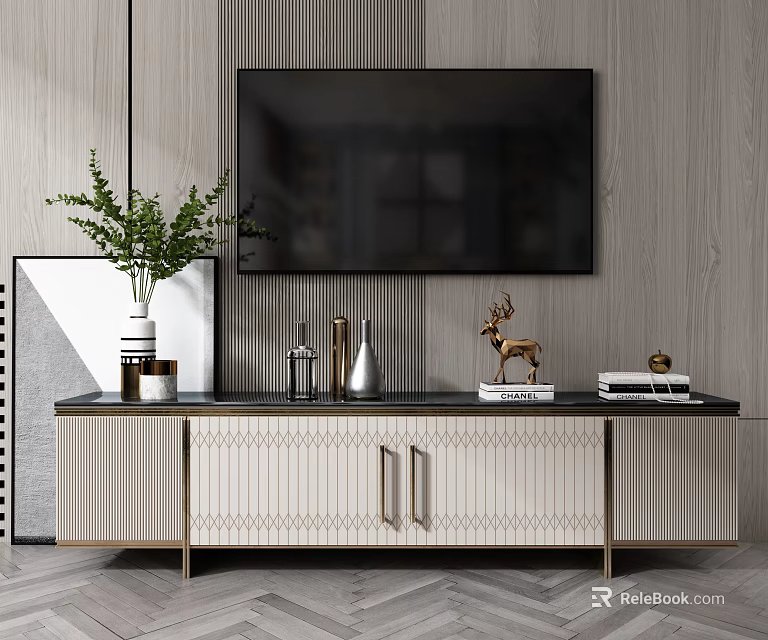 Modern TV Stand With Geometric Pattern Featuring Green Plant Deer Figurine Books And Accents 3d model 