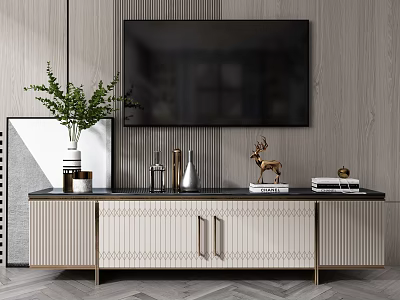 Modern TV Stand With Geometric Pattern Featuring Green Plant Deer Figurine Books And Accents 3d model