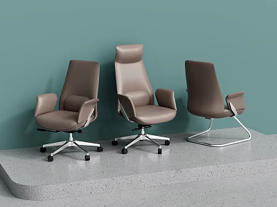 Three Leather Office Chairs With Different Designs On Light Green Wall Grey Platform 3d model