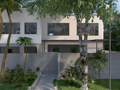 Modern Detached Villa Exterior With White Walls Greenery Trees And Lawn Pathway 3d model