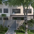 Modern Detached Villa Exterior With White Walls Greenery Trees And Lawn Pathway