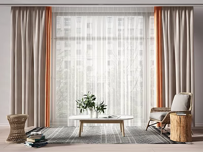 Elegant Curtains With Sheer Panels In Living Room Interior Window Coffee Table And Green Plants 3d model