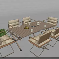 Wooden Slat Outdoor Table with Six Upholstered Chairs and Tabletop Cups Fruits for Garden Patio
