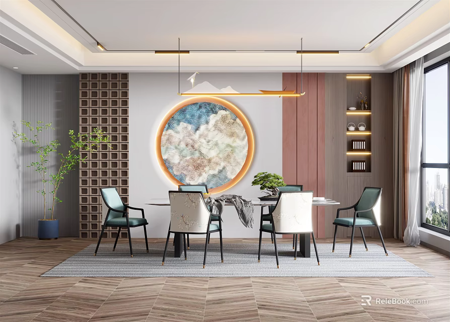 Modern Restaurant Interior With Circular Decorative Painting Dining Table Chairs Pendant Lights And Plant 3d model 
