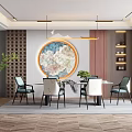 Modern Restaurant Interior With Circular Decorative Painting Dining Table Chairs Pendant Lights And Plant