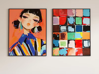 Interior Photo Wall Decor Featuring Abstract Colorful Squares And Stylized Female Portrait Art 3d model