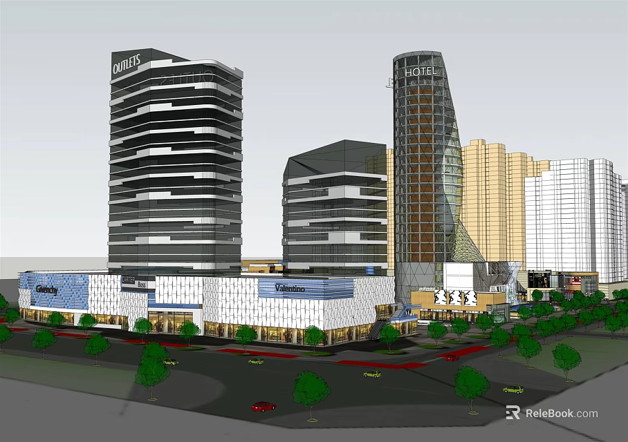 Modern High Rise Office Buildings With Glass Curtain Wall Commercial Facilities Green Plants And Street 3d model 