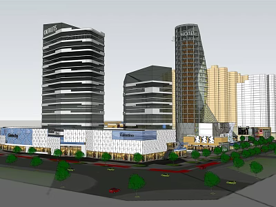 Modern High Rise Office Buildings With Glass Curtain Wall Commercial Facilities Green Plants And Street 3d model