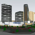 Modern High Rise Office Buildings With Glass Curtain Wall Commercial Facilities Green Plants And Street