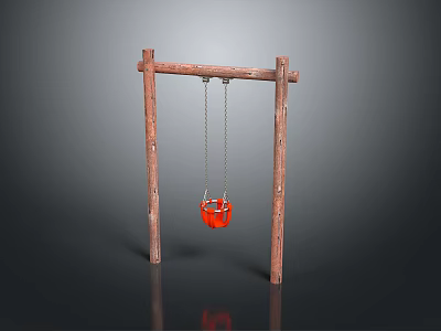 Wooden Swing With Red Bucket Seat Hung By Chains On Two Wooden Posts 3d model
