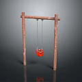 Wooden Swing With Red Bucket Seat Hung By Chains On Two Wooden Posts