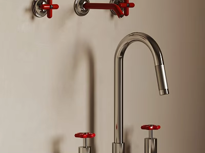Modern Stainless Steel Faucet With Red Handles And Wall Mounted Controls 3d model