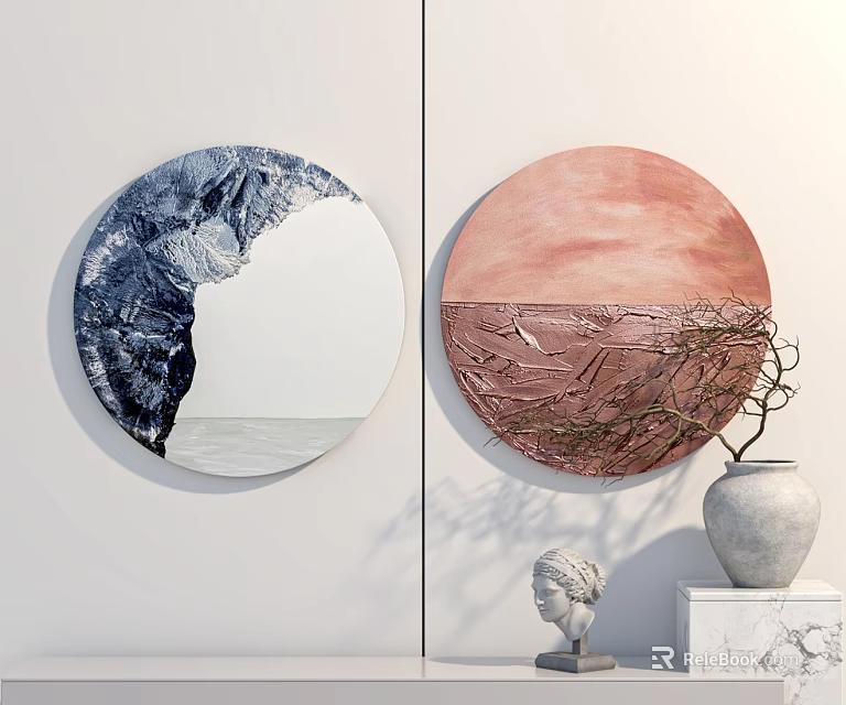 Two Circular Abstract Paintings With Blue White Pink Brown Mountain Wave Rough Texture 3d model