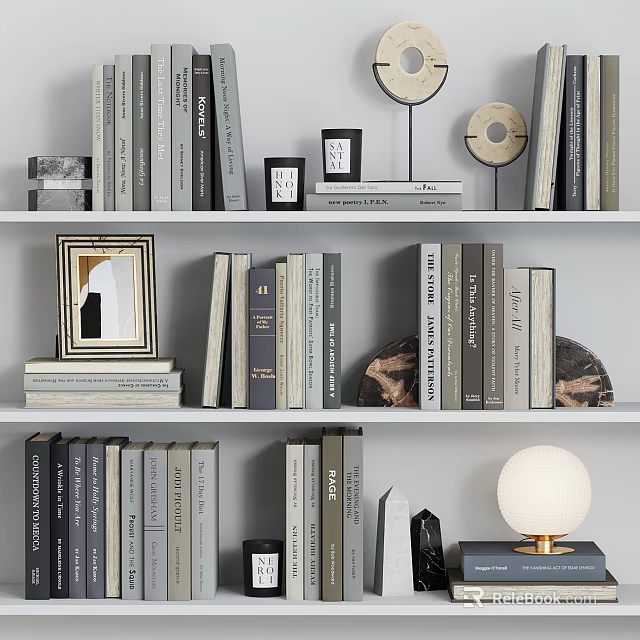Stylish Decorative Ornament Collection With Books Photo Frames Round Decor And Lamp On Shelf 3d model 