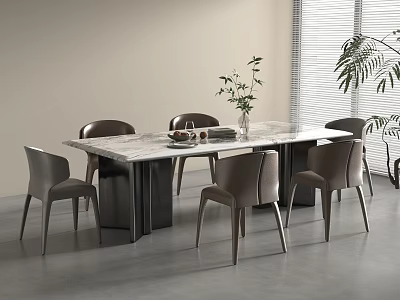 Modern Minimalist Dining Table With Marble Top Grey Chairs Vase With Plant Window With Blinds 3d model