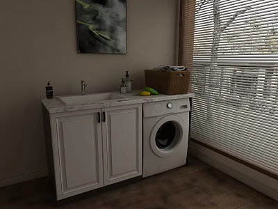 Modern Laundry Room Interior With White Cabinet Washing Machine Sink And Window Blinds 3d model