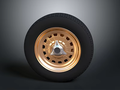 Sleek Car Parts Black Tire And Gold Perforated Wheel Rim Design 3d model