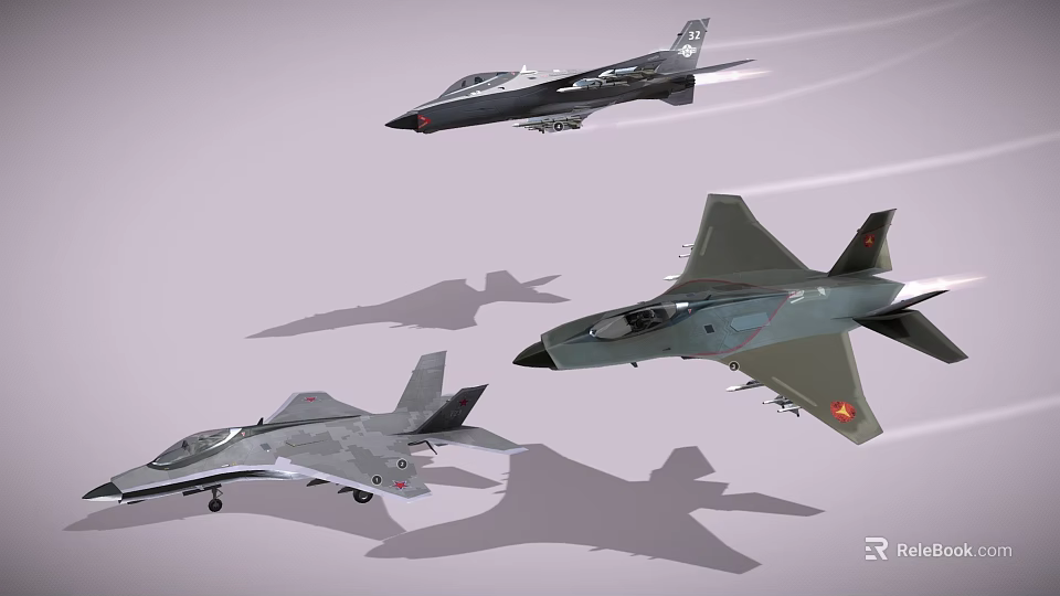 Three Distinct Fighter Jets Flying In Mid Air 3d model 