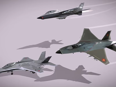 Three Distinct Fighter Jets Flying In Mid Air 3d model
