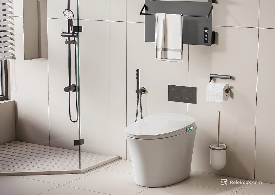 Modern White Toilet in Contemporary Bathroom with Shower Area Toilet Paper Holder and Towel Rack 3d model 