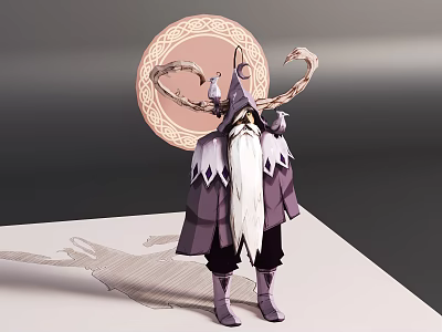 Mythical Game Character Design With Long White Beard Purple Robe And Curved Antlers 3d model