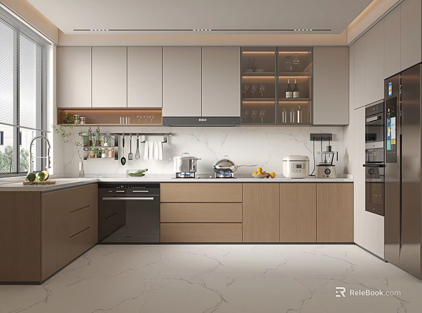 Modern Kitchen Interior Design With Open Concept Island Counter And Cabinets 3d model
