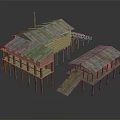 Cartoon Scene of Connected Wooden Stilt Houses With Blue Green Brown Roofs and Chimney