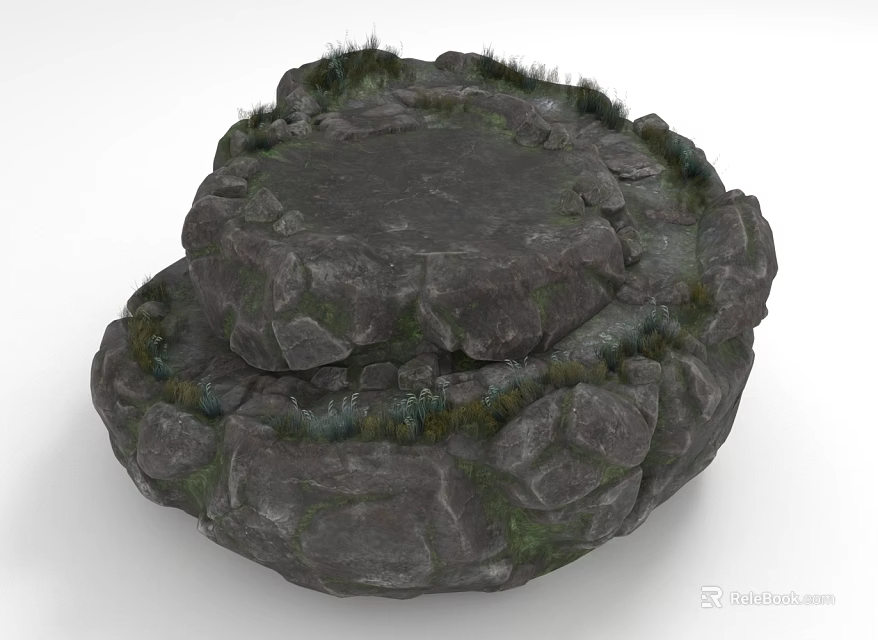 Natural Stone Structure Double Layered Circular With Moss Grass And Natural Textured Details 3d model 
