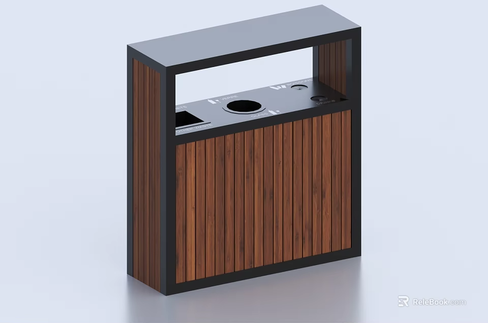 Public Trash Disposal Facility with Wooden Panels Black Frame and Multiple Compartments 3d model 